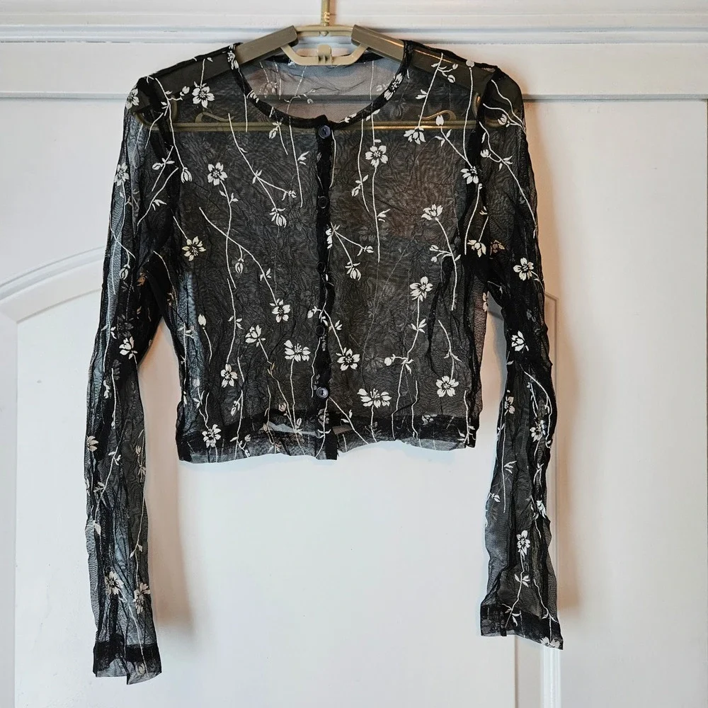 Sheer Black Floral Mesh Cropped Cardigan Top Womens Fairy Grunge Goth Festival